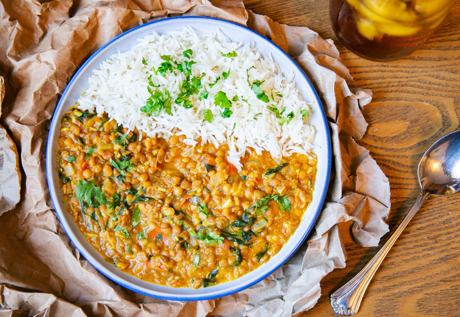 Spinach Lentil curry with rice
